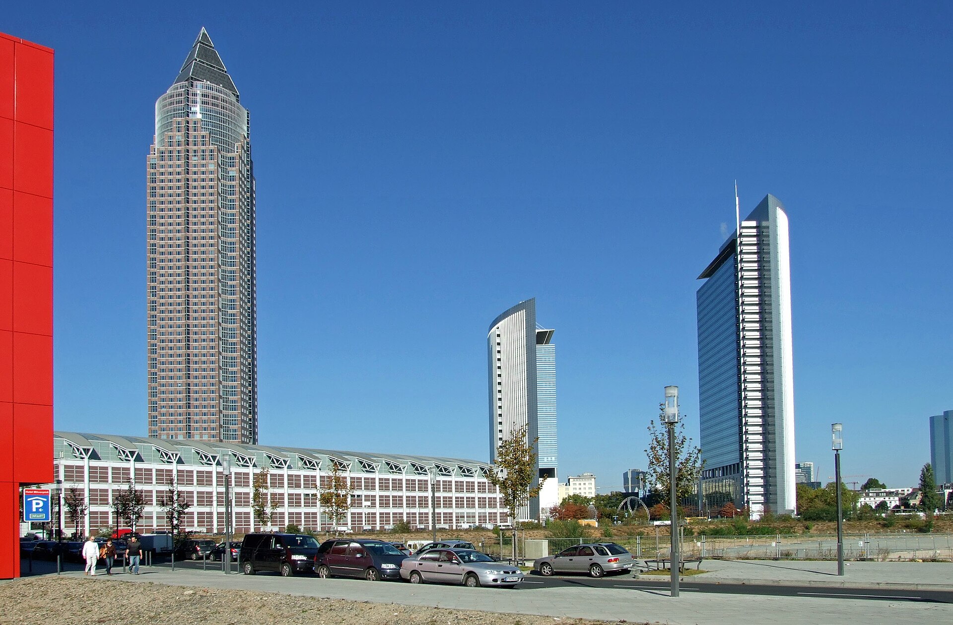 The Messeturm and glass towers rising over the Messe Frankfurt trade fair grounds