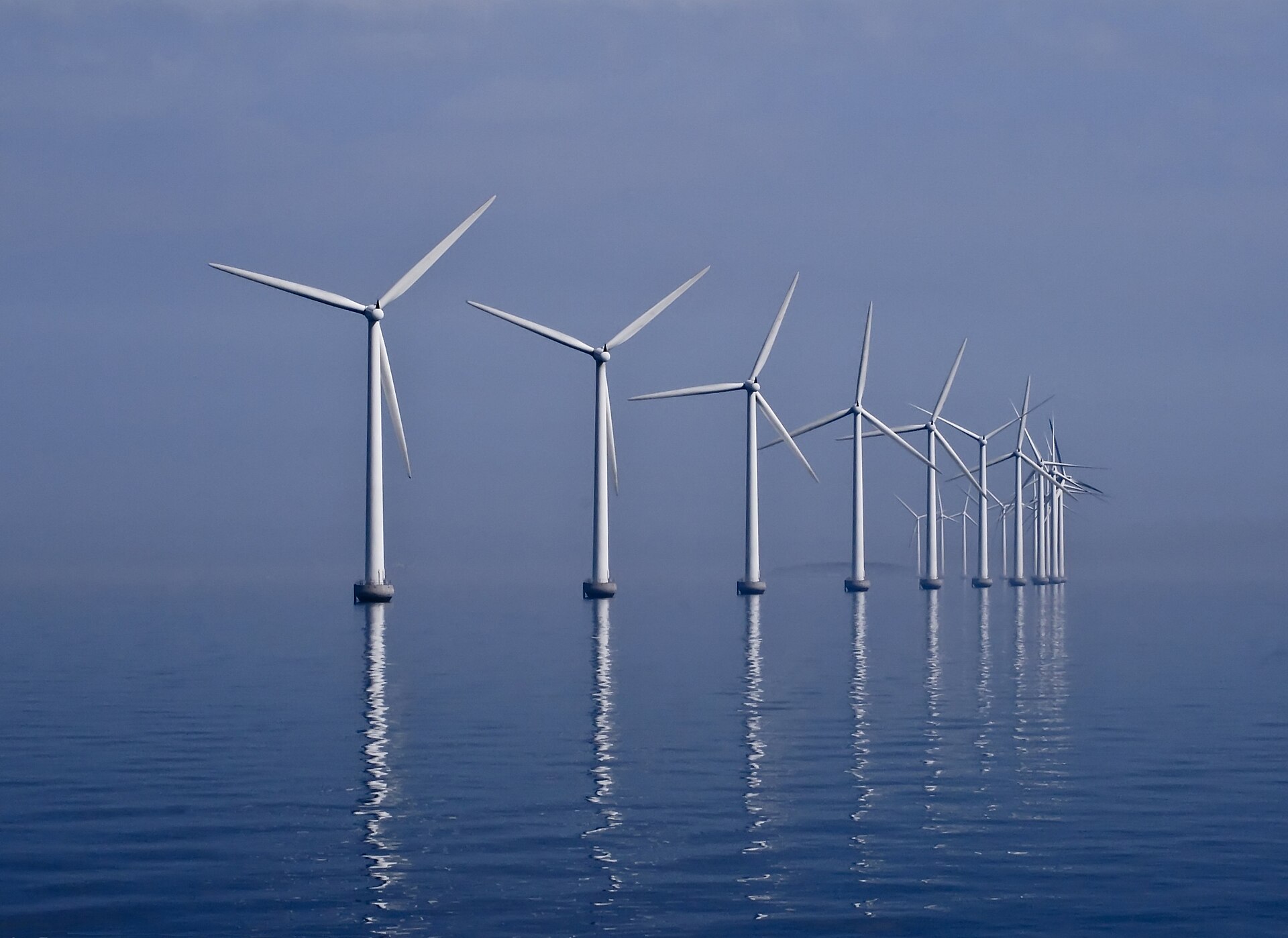 An offshore wind farm at dusk